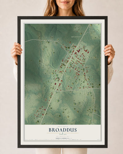 Map of Broaddus, Texas, 24 x 36 inch print in a black wood frame