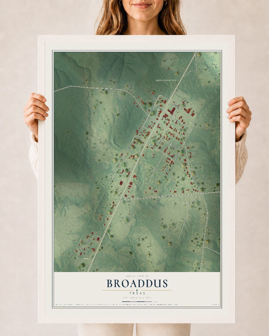 Map of Broaddus, Texas, 24 x 36 inch print in a white wood frame