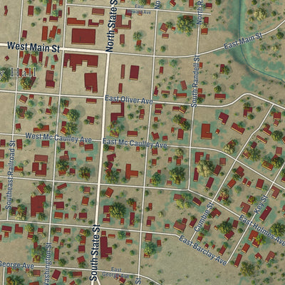 Close-up of the map of Bronte, Texas print showing street and building detail