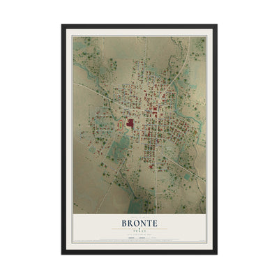 Map of Bronte, Texas, 12 x 18 inch print in a black wood frame