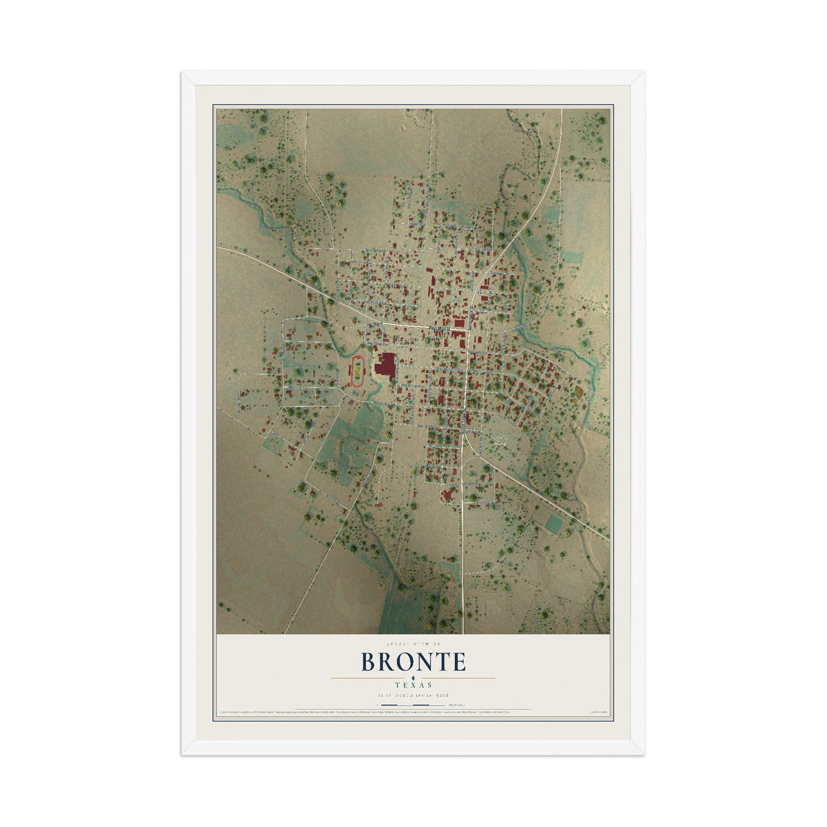 Map of Bronte, Texas, 12 x 18 inch print in a white wood frame
