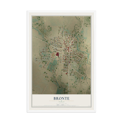 Map of Bronte, Texas, 12 x 18 inch print in a white wood frame