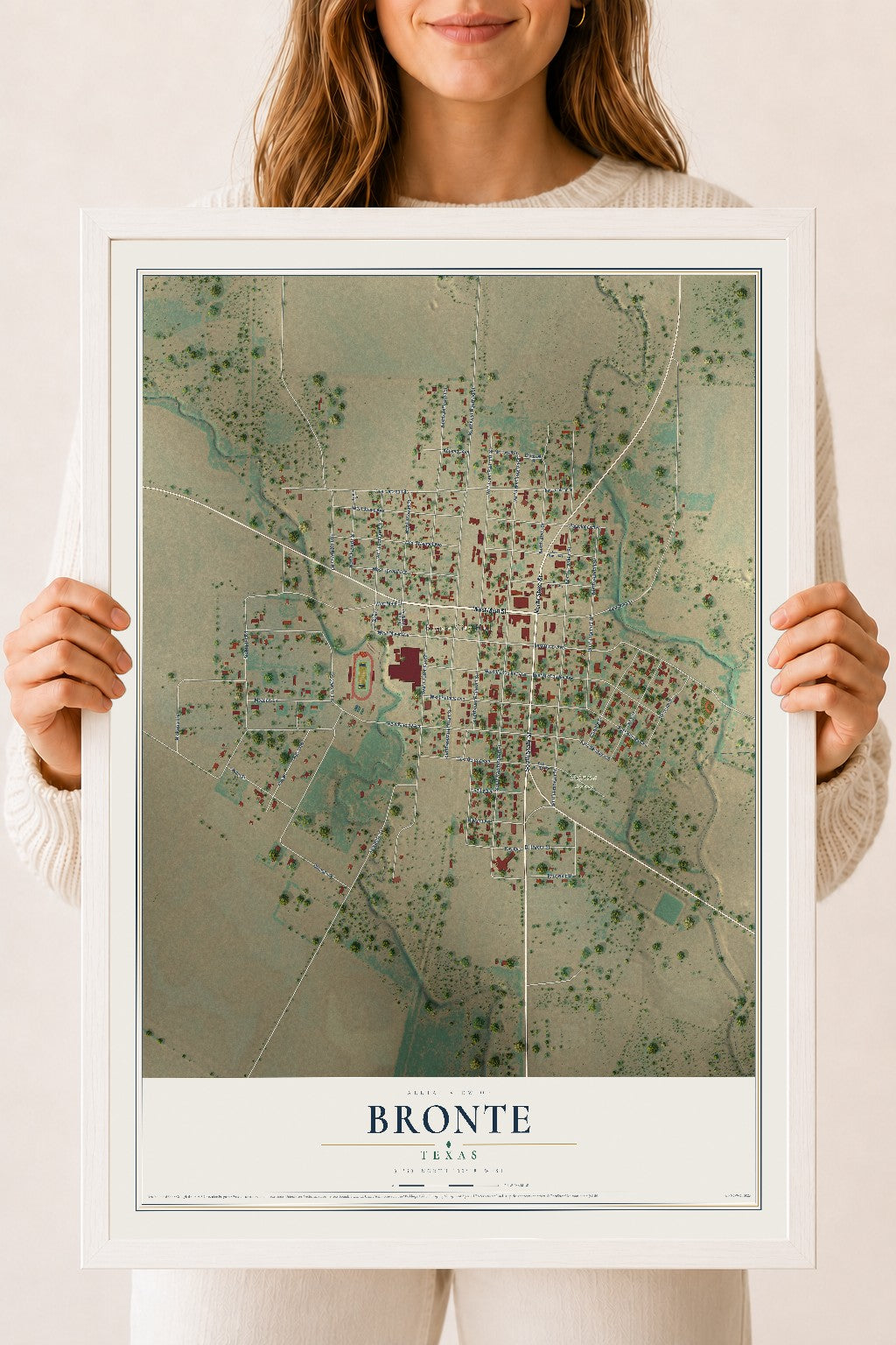 Map of Bronte, Texas, 18 x 24 inch print in a white wood frame