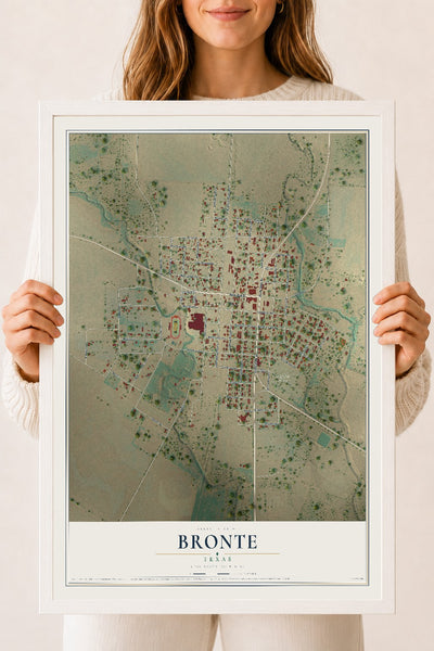 Map of Bronte, Texas, 18 x 24 inch print in a white wood frame