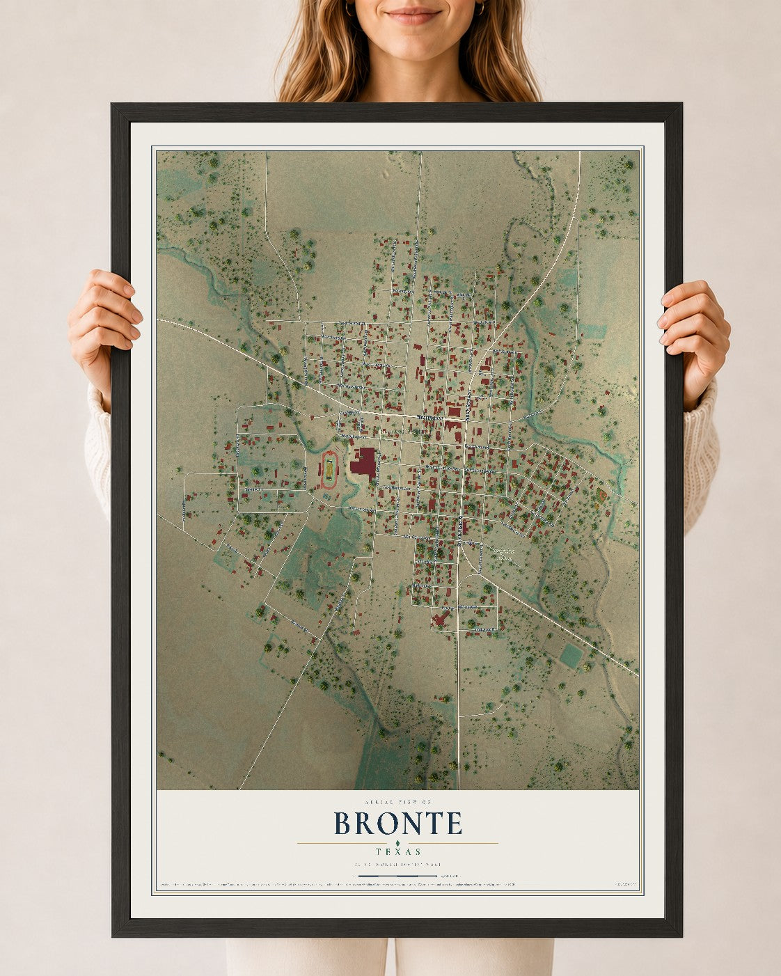 Map of Bronte, Texas, 24 x 36 inch print in a black wood frame