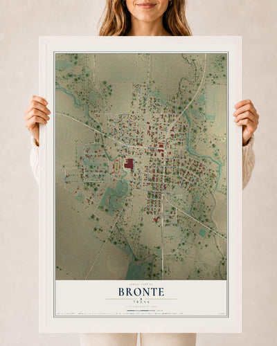 Map of Bronte, Texas, 24 x 36 inch print in a white wood frame