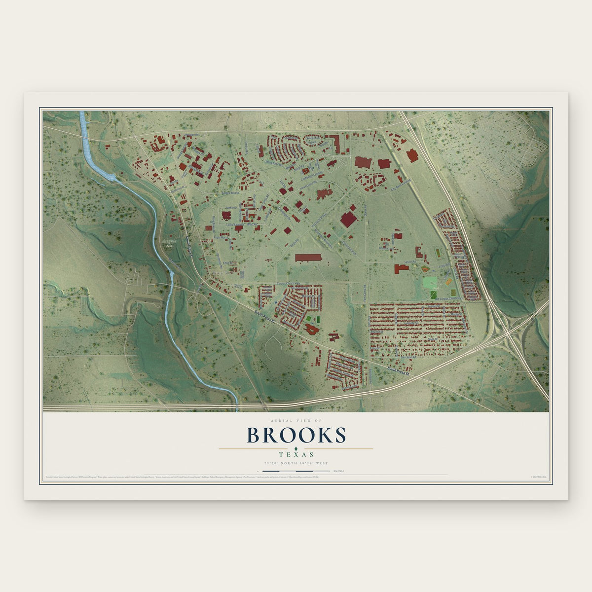 Brooks, Texas map print, the full design