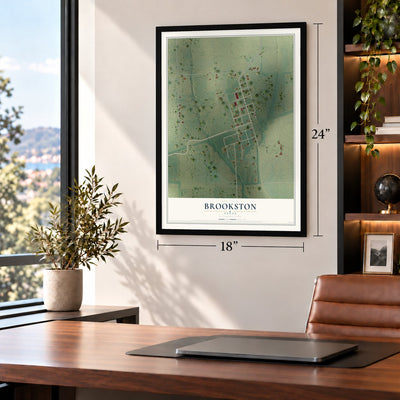 Brookston, Texas map, 18 x 24 inch print in a black frame in a home office