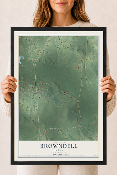 Map of Browndell, Texas, 18 x 24 inch print in a black wood frame