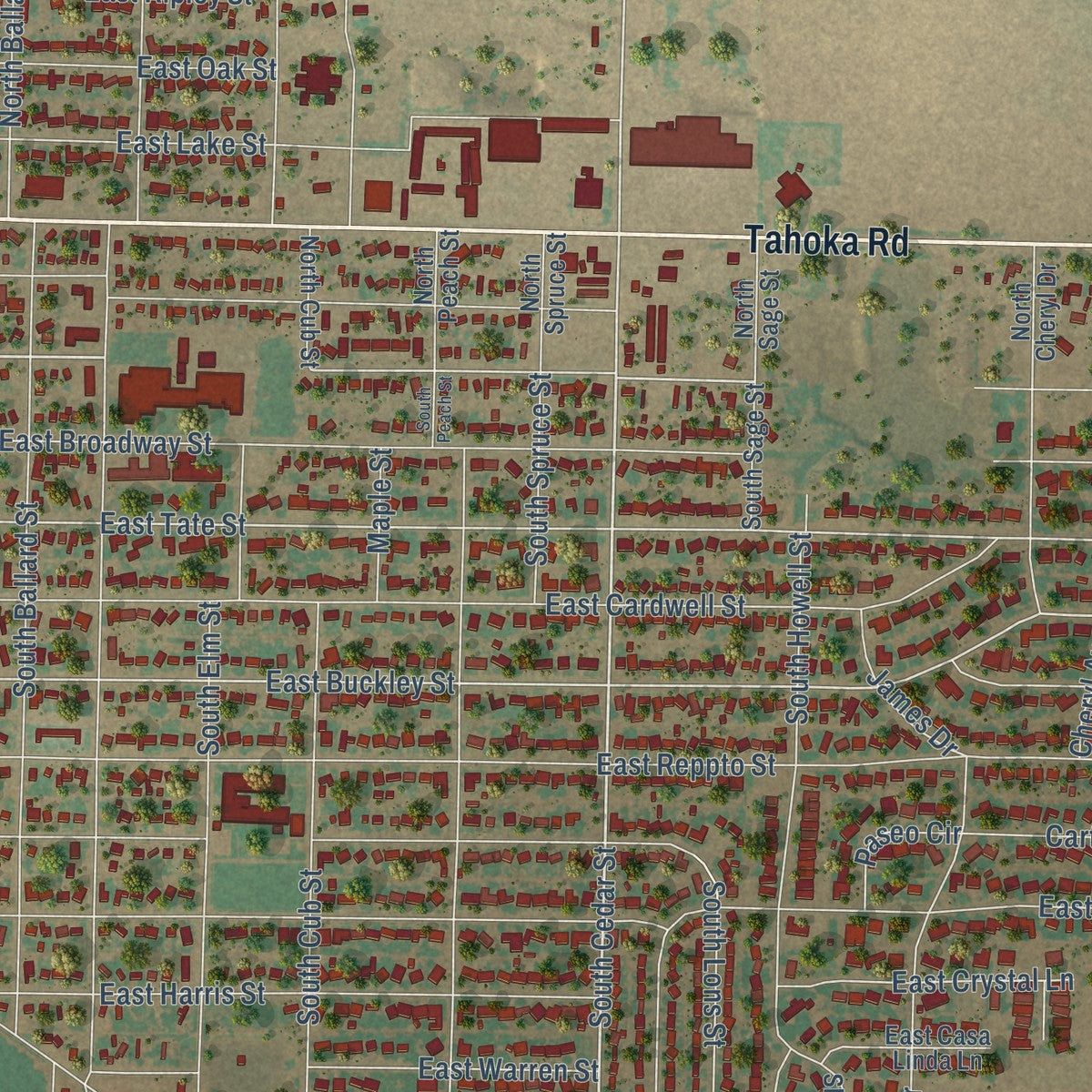Second close-up of the map of Brownfield, Texas print showing more streets and buildings