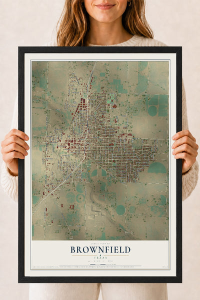 Map of Brownfield, Texas, 18 x 24 inch print in a black wood frame