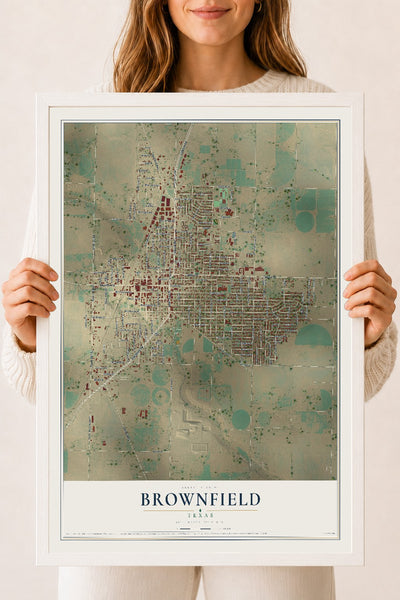 Map of Brownfield, Texas, 18 x 24 inch print in a white wood frame