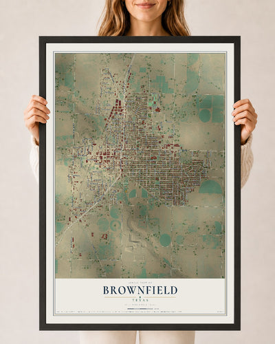 Map of Brownfield, Texas, 24 x 36 inch print in a black wood frame