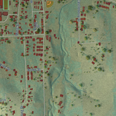 Close-up of the map of Brownsboro, Texas print showing street and building detail
