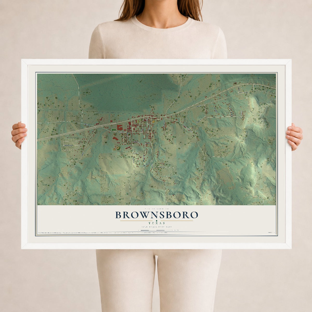 Map of Brownsboro, Texas, 24 x 36 inch print in a white wood frame