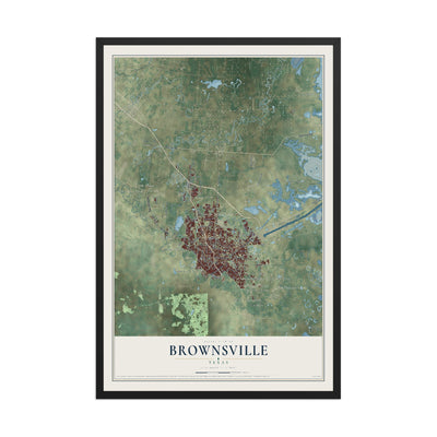 Map of Brownsville, Texas, 12 x 18 inch print in a black wood frame