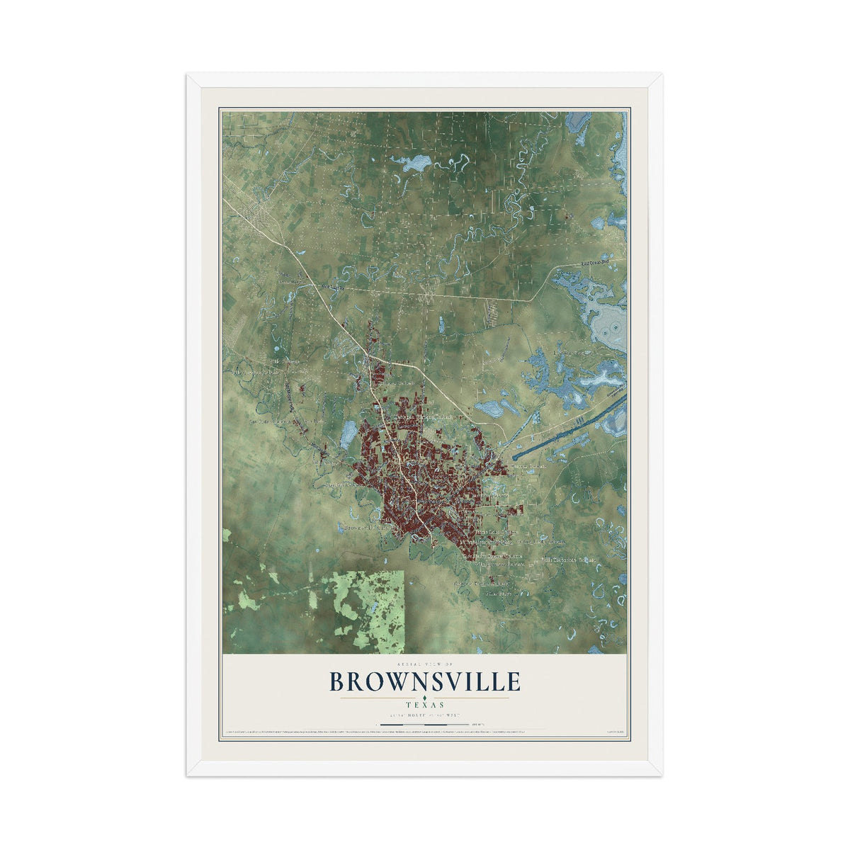 Map of Brownsville, Texas, 12 x 18 inch print in a white wood frame