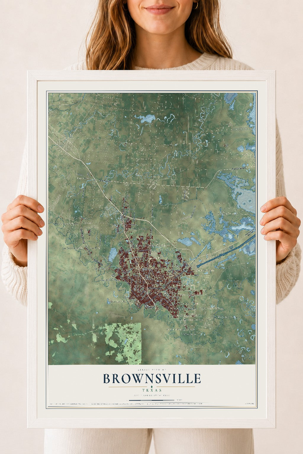Map of Brownsville, Texas, 18 x 24 inch print in a white wood frame