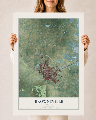 Map of Brownsville, Texas, 24 x 36 inch print in a white wood frame