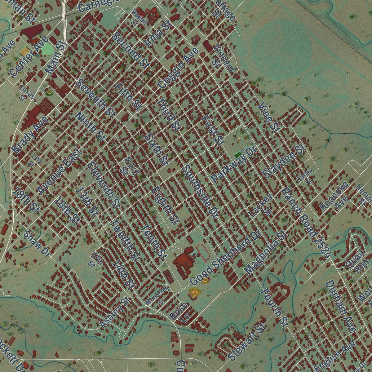 Close-up of the map of Brownwood, Texas print showing street and building detail