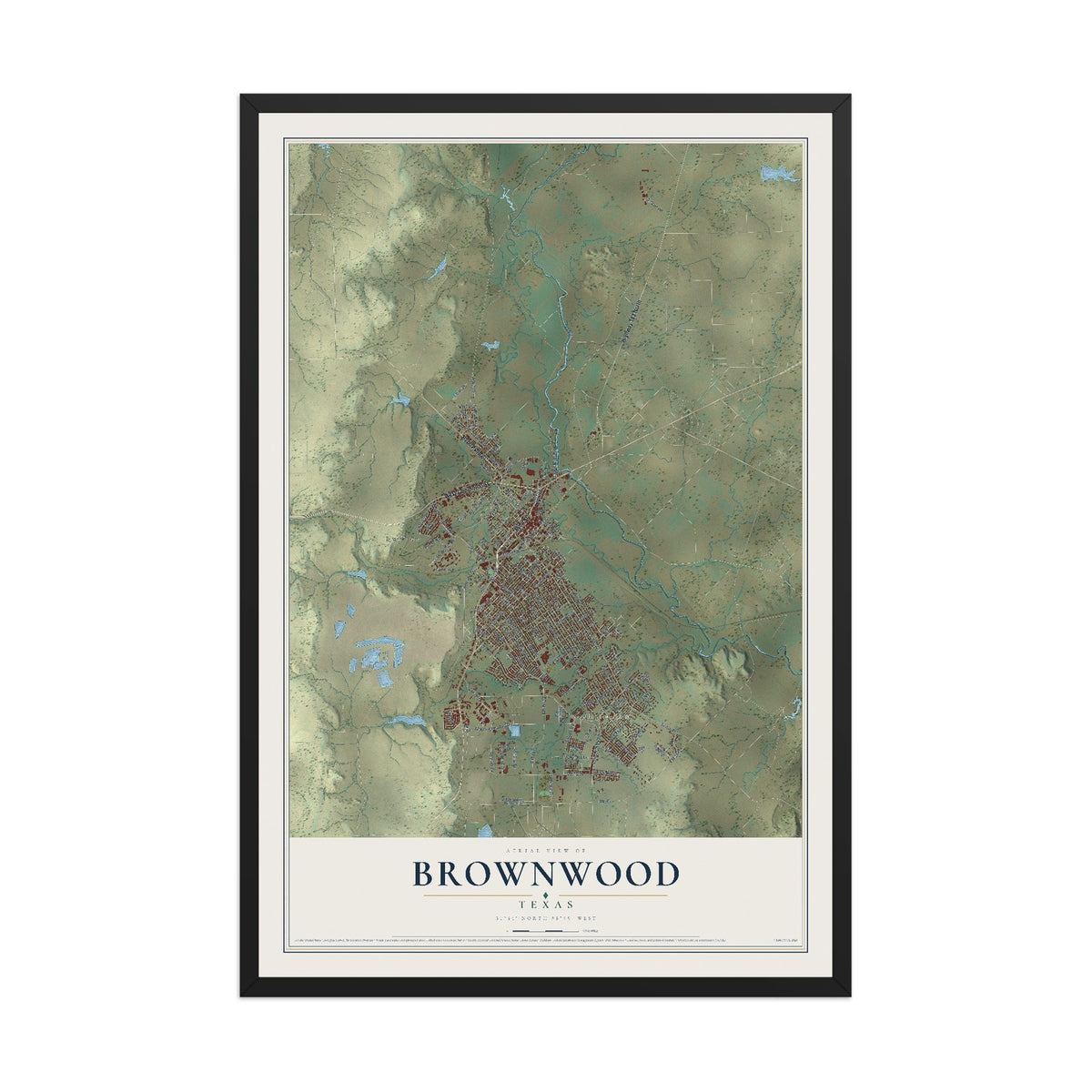 Map of Brownwood, Texas, 12 x 18 inch print in a black wood frame