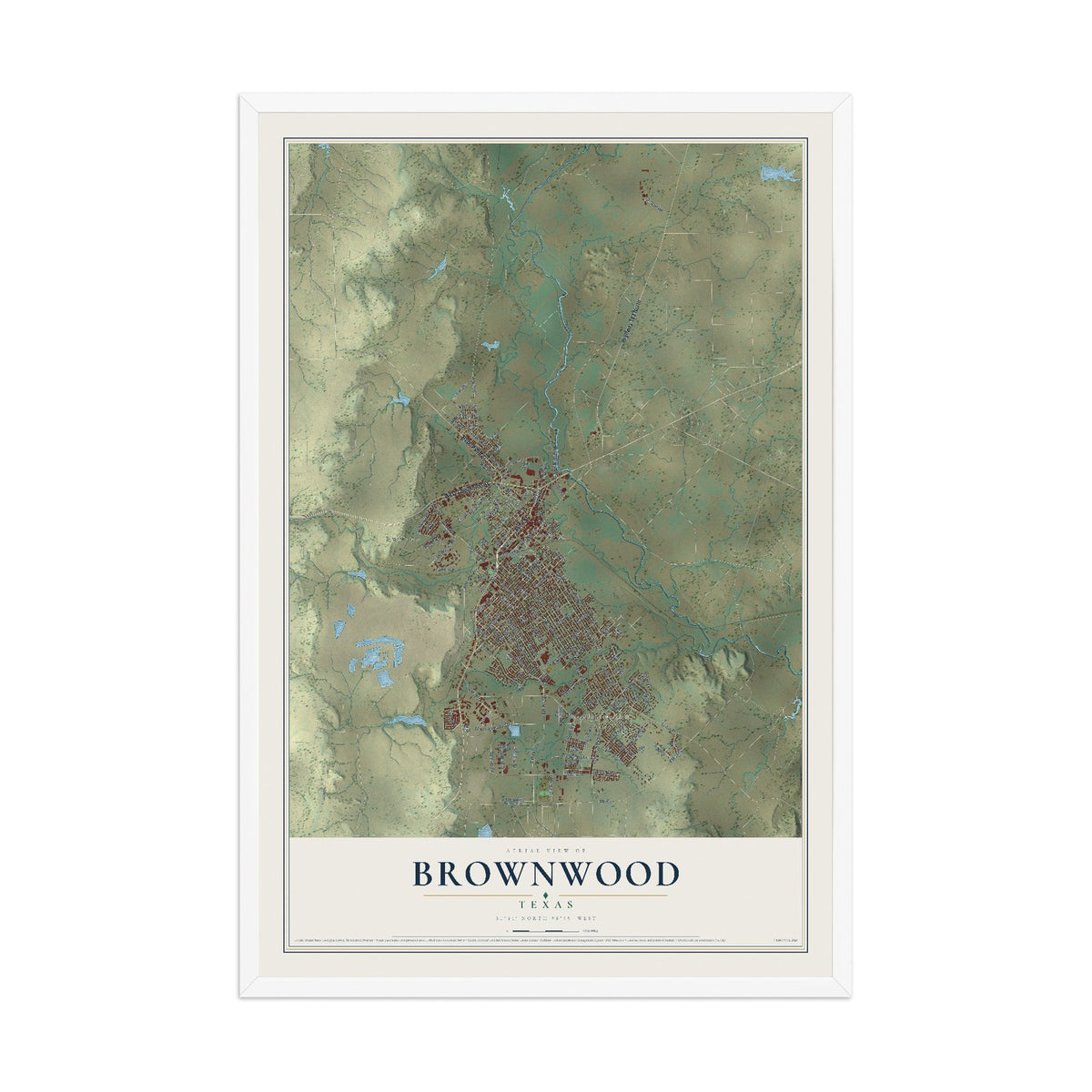 Map of Brownwood, Texas, 12 x 18 inch print in a white wood frame