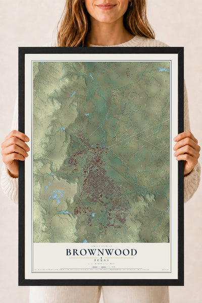Map of Brownwood, Texas, 18 x 24 inch print in a black wood frame