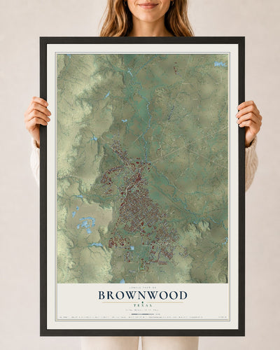 Map of Brownwood, Texas, 24 x 36 inch print in a black wood frame