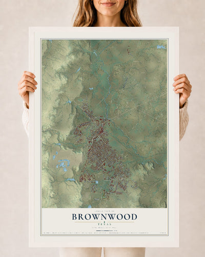 Map of Brownwood, Texas, 24 x 36 inch print in a white wood frame