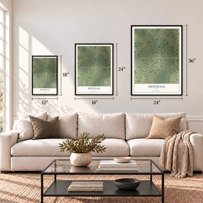 Brundage, Texas map in 12 x 18, 18 x 24 and 24 x 36 inch sizes above a sofa