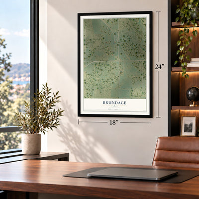 Brundage, Texas map, 18 x 24 inch print in a black frame in a home office