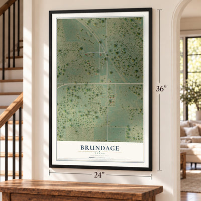 Brundage, Texas map, 24 x 36 inch print in a black frame by a staircase