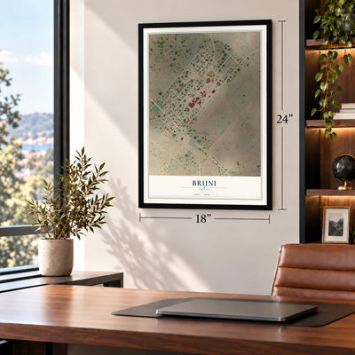 Bruni, Texas map, 18 x 24 inch print in a black frame in a home office