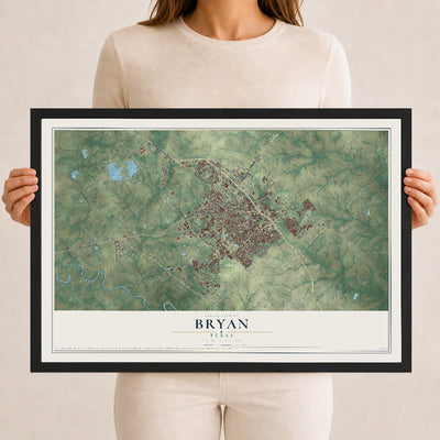Map of Bryan, Texas, 12 x 18 inch print in a black wood frame