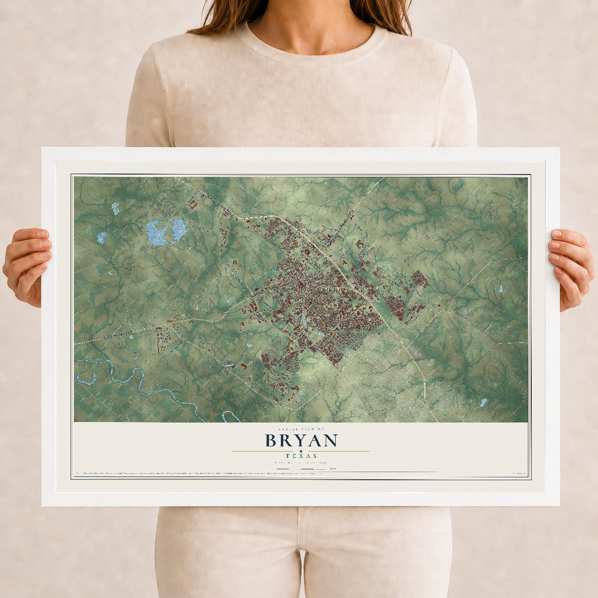 Map of Bryan, Texas, 12 x 18 inch print in a white wood frame