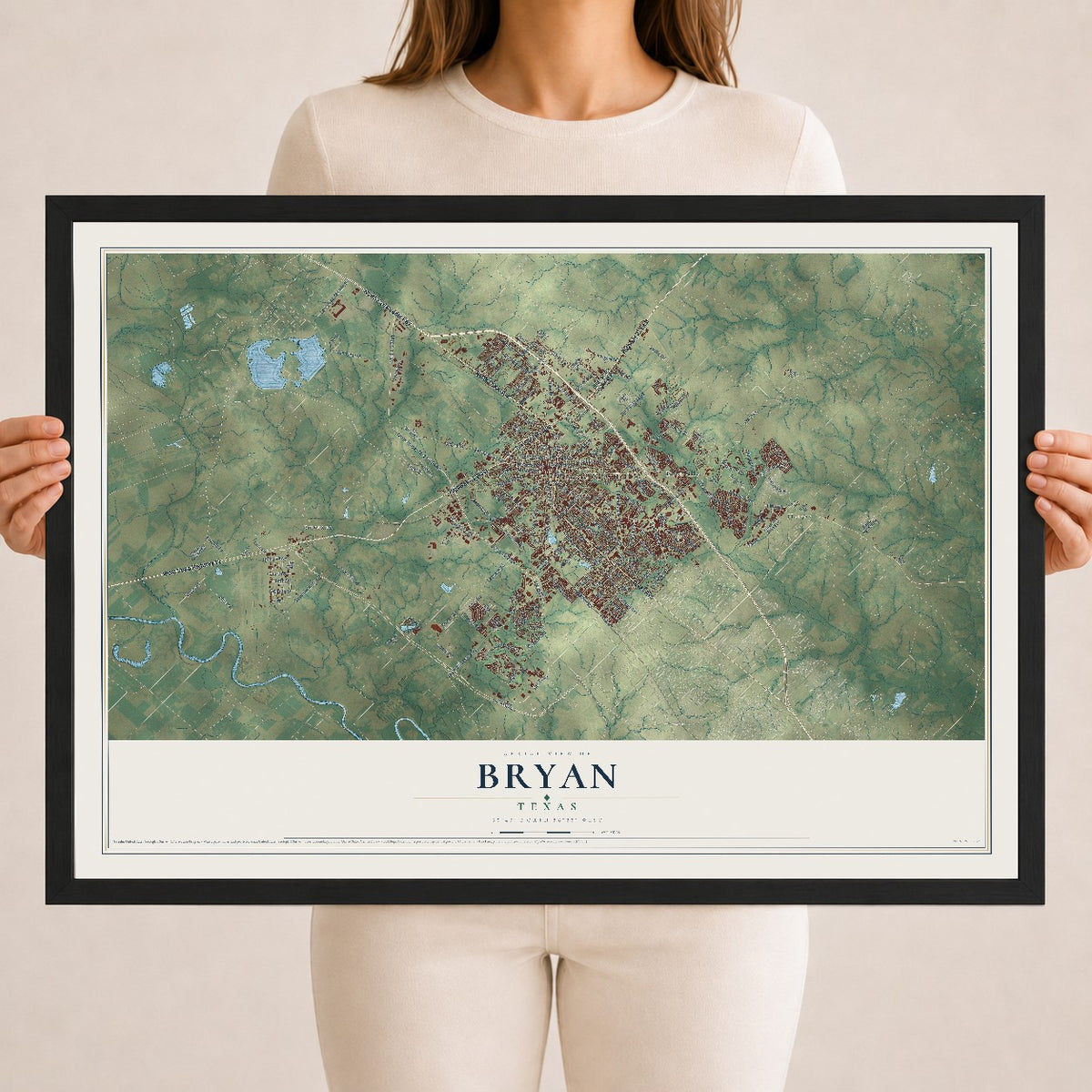 Map of Bryan, Texas, 18 x 24 inch print in a black wood frame