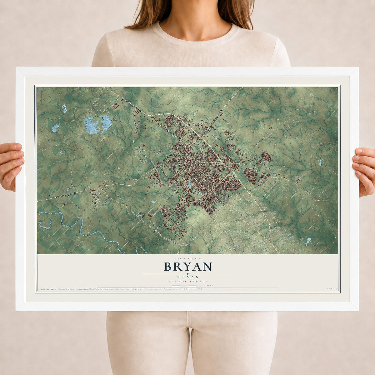 Map of Bryan, Texas, 18 x 24 inch print in a white wood frame