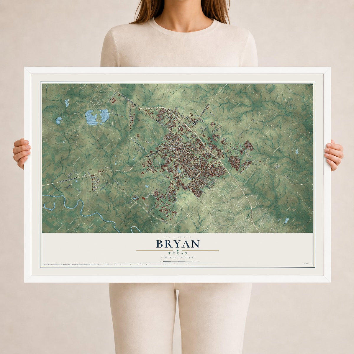 Map of Bryan, Texas, 24 x 36 inch print in a white wood frame