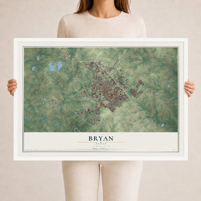Map of Bryan, Texas, 24 x 36 inch print in a white wood frame