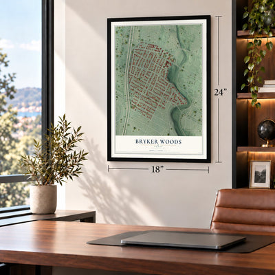 Bryker Woods, Texas map, 18 x 24 inch print in a black frame in a home office