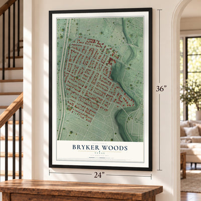 Bryker Woods, Texas map, 24 x 36 inch print in a black frame by a staircase