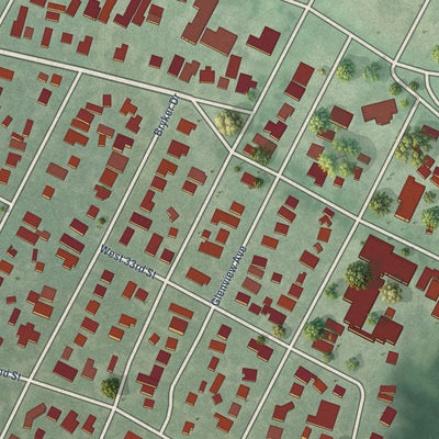 Close-up of the map of Bryker Woods, Texas print showing street and building detail