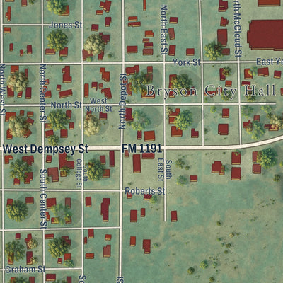 Close-up of the map of Bryson, Texas print showing street and building detail