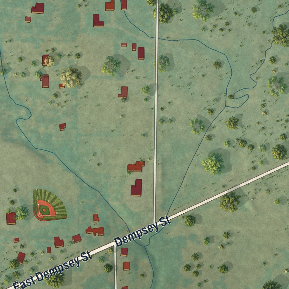 Second close-up of the map of Bryson, Texas print showing more streets and buildings
