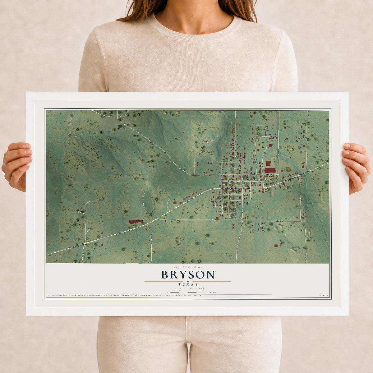 Map of Bryson, Texas, 12 x 18 inch print in a white wood frame