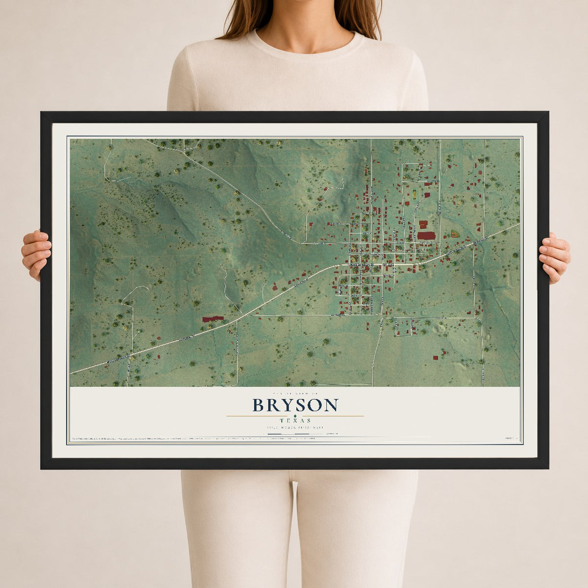 Map of Bryson, Texas, 24 x 36 inch print in a black wood frame
