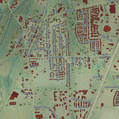 Close-up of the map of Buda, Texas print showing street and building detail