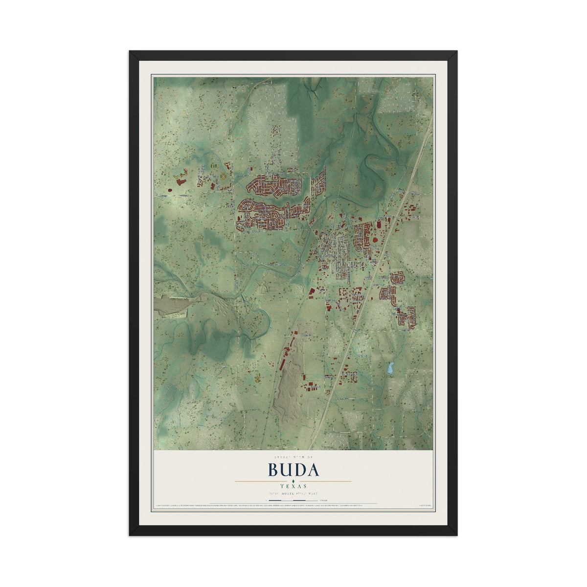 Map of Buda, Texas, 12 x 18 inch print in a black wood frame