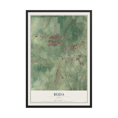Map of Buda, Texas, 12 x 18 inch print in a black wood frame