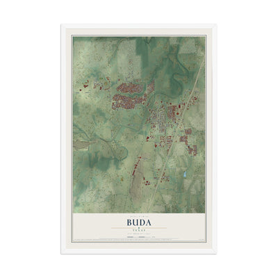Map of Buda, Texas, 12 x 18 inch print in a white wood frame